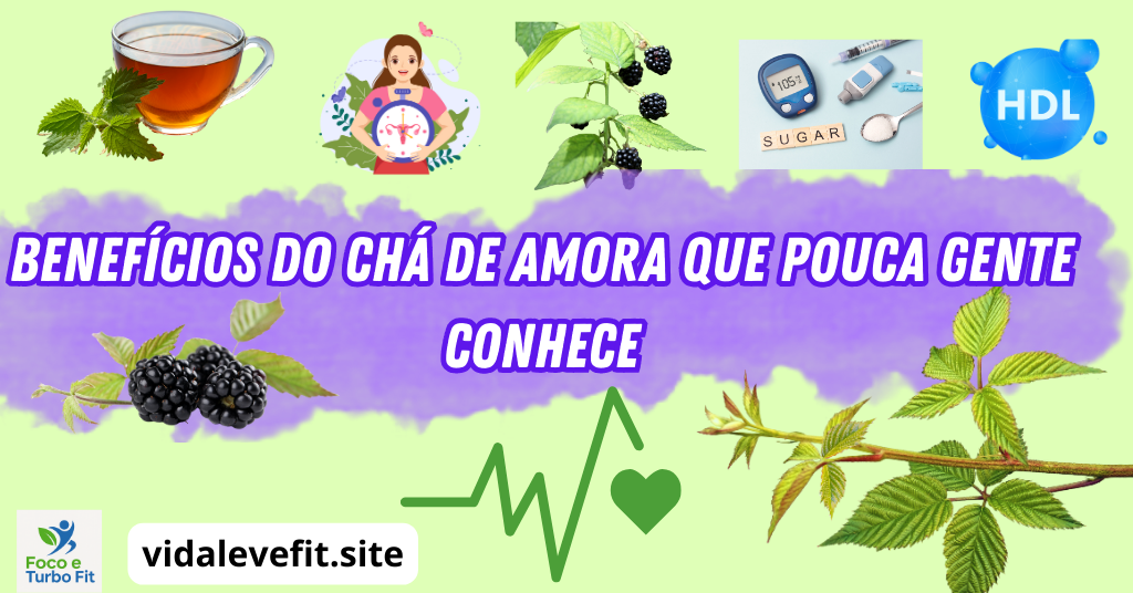 Imagem com ilustrações dos benefícios do chá de amora, incluindo controle de glicose, saúde cardiovascular, colesterol e emagrecimento.
