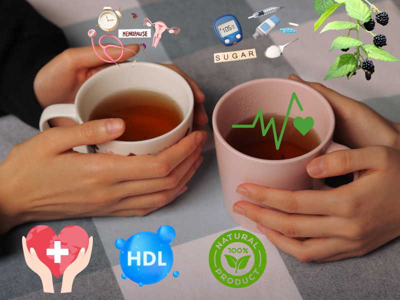 Duas mãos seguram xícaras de chá sobre toalha xadrez, com ícones de saúde feminina, glicose, colesterol e coração, destacando os benefícios naturais do chá.
