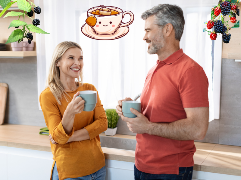 Duas pessoas seguram canecas de chá em cozinha moderna, com ilustrações de amora e ícones de saúde como coração, glicose e menopausa.
